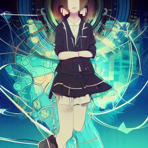 Image similar to Frequency indie album cover, luxury advertisement, blue filter, blue and black colors. Clean and detailed post-cyberpunk sci-fi close-up schoolgirl in asian city in style of cytus and deemo, blue flame, relaxing, calm and mysterious vibes, by Tsutomu Nihei, by Yoshitoshi ABe, by Ilya Kuvshinov, by Greg Tocchini, nier:automata, set in half-life 2, GITS, Blade Runner, Neotokyo Source, Syndicate(2012), dynamic composition, beautiful with eerie vibes, very inspirational, very stylish, with gradients, surrealistic, dystopia, postapocalyptic vibes, depth of field, mist, rich cinematic atmosphere, perfect digital art, mystical journey in strange world, beautiful dramatic dark moody tones and studio lighting, shadows, bastion game, arthouse