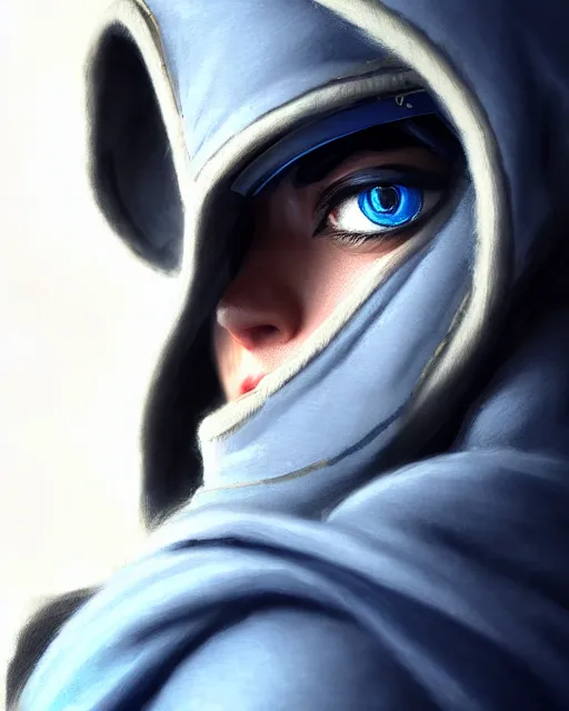 Prompt: ana from overwatch, eye patch, older woman, gray hair, blue hooded cloak, character portrait, portrait, close up, highly detailed, intricate detail, amazing detail, sharp focus, vintage fantasy art, vintage sci - fi art, radiant light, caustics, by boris vallejo