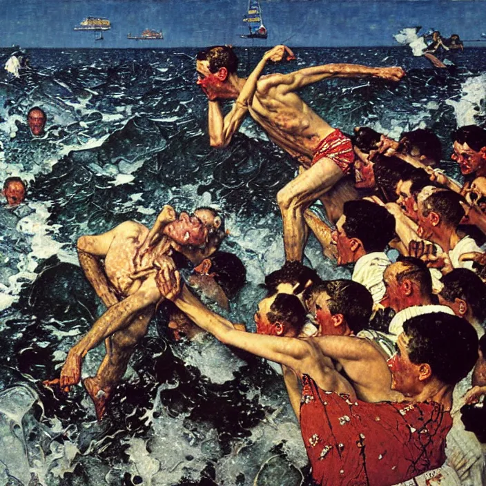 Image similar to the pandemonium of the sea becomes the man, oil on canvas, by norman rockwell