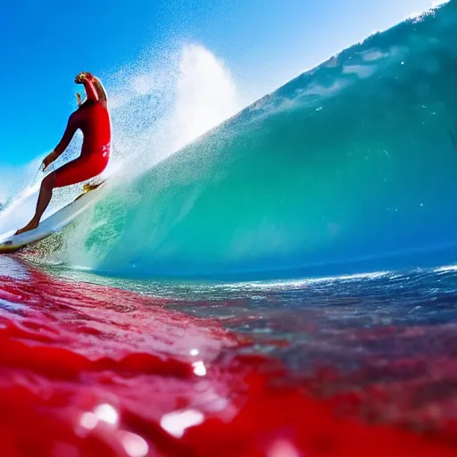 Image similar to a surfer surfing on a large wave of ketchup, through a sea made of ketchup, on a sunny day, 8 k, wide angle photography