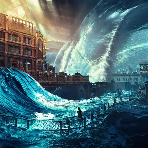 Image similar to a steampunk city in teh middle of the sea, with huge wave crashing, heavy storm, lens flare photo real, artstaion trends, cinematic render, Detailed, colorful