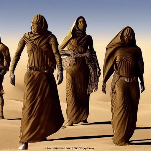 Image similar to sci - fi fantasy setting : the planet sheltered people who lived at the desert edge without caid or bashar to command them : will - o'- the - sand people called fremen, marked down on no census of the imperial regate.