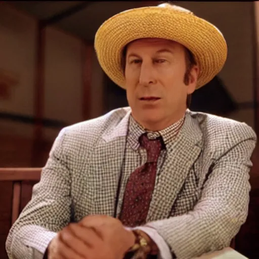 Prompt: film still of Bob Odenkirk as Stan S Stanman wearing a straw hat and checkerboard suit in the Monkey Island movie