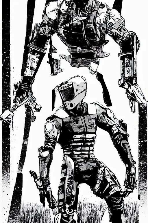 Image similar to gray fox from metal gear solid, a page from cyberpunk 2 0 2 0, style of paolo parente, style of mike jackson, adam smasher, johnny silverhand, 1 9 9 0 s comic book style, white background, ink drawing, black and white, colouring pages