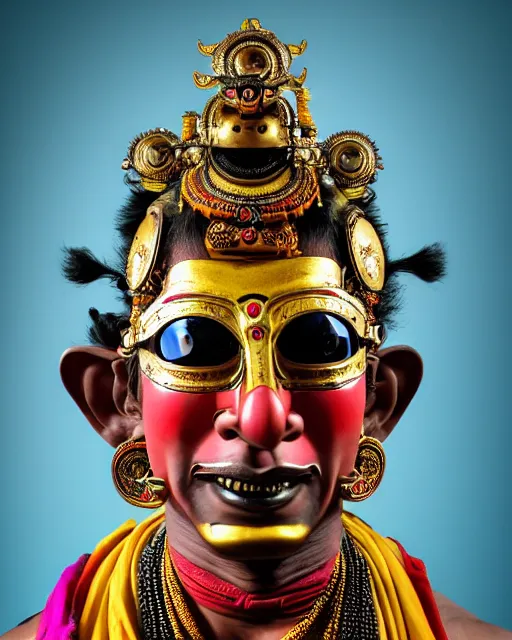 Image similar to photo of a Dramatic Kathakali male character with painted face wearing futuristic MadMax style steampunk goggles and accessories in the style of stefan kostic, full body, realistic, sharp focus, symmetric, 8k high definition, insanely detailed, intricate, elegant, art by stanley lau and artgerm, Hajime Sorayama, William-Adolphe Bouguereau