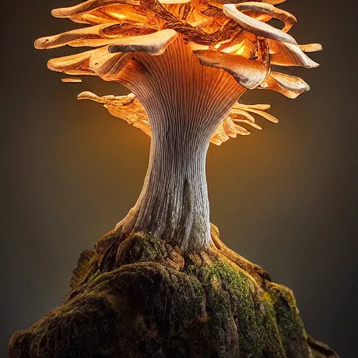 Image similar to a beautiful macro photography on a rotten stump is a small family of conical oyster mushrooms, which are suspiciously reaching for an unusual symbol on the wall depicting a dissected cross, hyper detailed, warm volumetric lights, made by gerald brom and mike winkelmann, photorealism