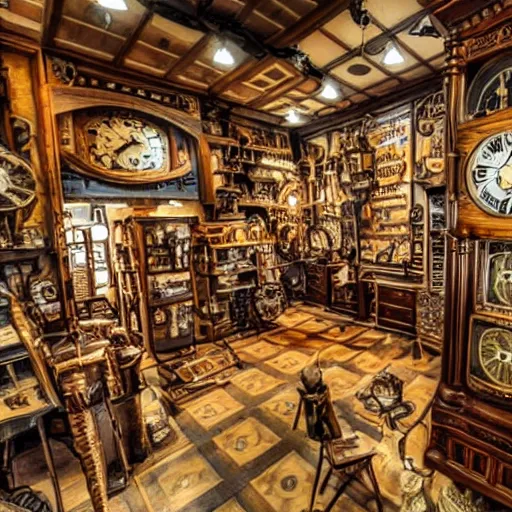 Image similar to interior of a small steampunk clock shop, father time, nautical wooden grandfather clocks everywhere, realistic, very intricate hyper detailed masterpiece