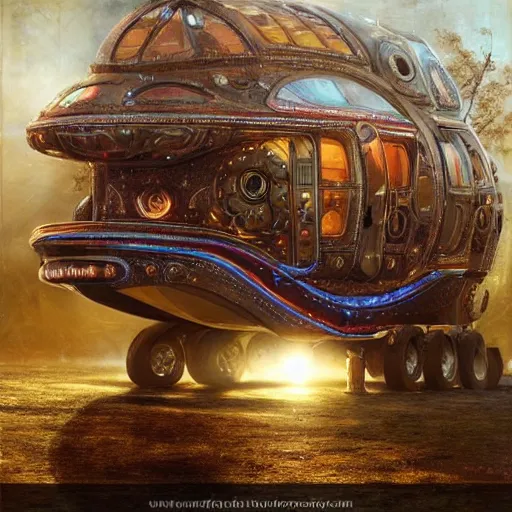 Prompt: a futuristic sci - fi neo - gypsy caravan, decorated polished wood, lace and velvet and silk material, volume light, hyper realistic highly detailed 4 k by karol bak