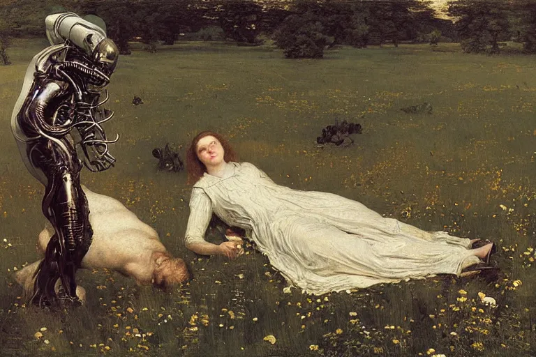 Prompt: sad portrait of an astronaut & a xenomorph in a meadow by sir john everett millais, photorealistic, hyperdetailed, ethereal, masterpiece, oil painting