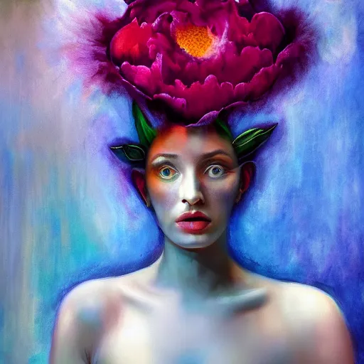 Image similar to huge flower as head, woman standing in a luxury apartment, surreal photography, dramatic light, impressionist painting, digital painting, artstation, georgia o'keeffe