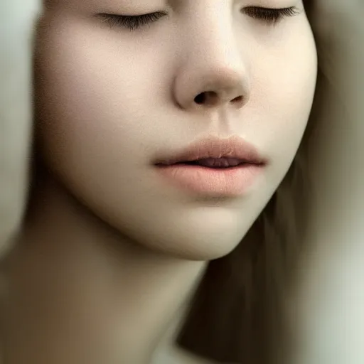 Image similar to photorealistic portrait of a beautiful young woman, very blurry, out of focus, translucent stone white skin, closed eyes, foggy, closeup