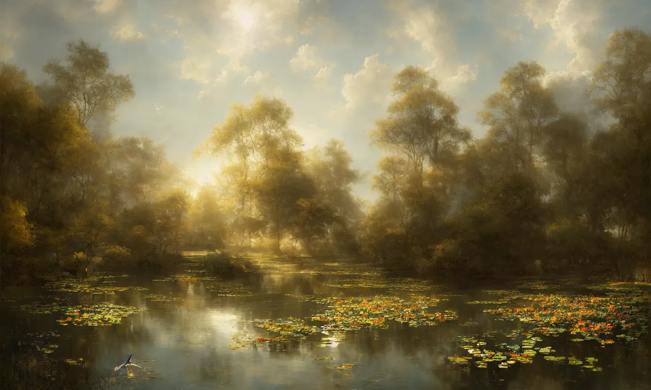 Prompt: breathtaking detailed soft painting of a pond of golden lotus with ribbons of light, colibri in a sunlit blue sky whith plump white clouds, art by johannes voss, kelogsloops and greg rutkowski rembrandt style, elegant, highly detailed, artstation, concept art, matte, sharp focus,