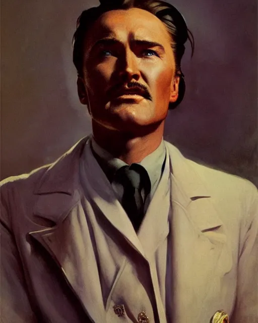 Image similar to Errol Flynn as a scientist. 1980s dystopian Soviet Russia, propaganda screens. Fantasy art by Greg Rutkowski, Gustave Courbet, Rosa Bonheur, Edward Hopper. Faithfully depicted facial expression, perfect anatomy, sharp focus, global illumination, radiant light, detailed and intricate environment, trending on ArtStation