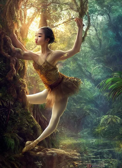 Image similar to stunningly beautiful, asian prima ballerina in jungle, golden hour, smooth, focus, highly detailed, hyper realistic, dramatic lighting, elegant, intricate, concept art, art by wlop, mars ravelo, greg rutowski