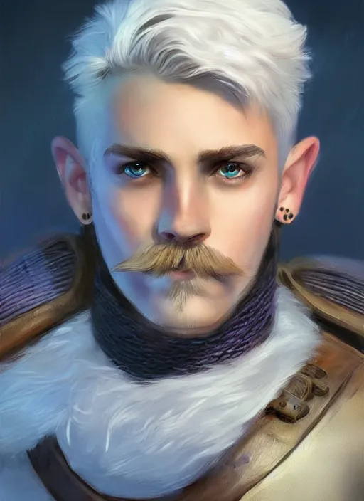 Image similar to young man with short white hair and moustache, dndbeyond, bright, colourful, realistic, dnd character portrait, full body, pathfinder, pinterest, art by ralph horsley, dnd, rpg, lotr game design fanart by concept art, behance hd, artstation, deviantart, hdr render in unreal engine 5