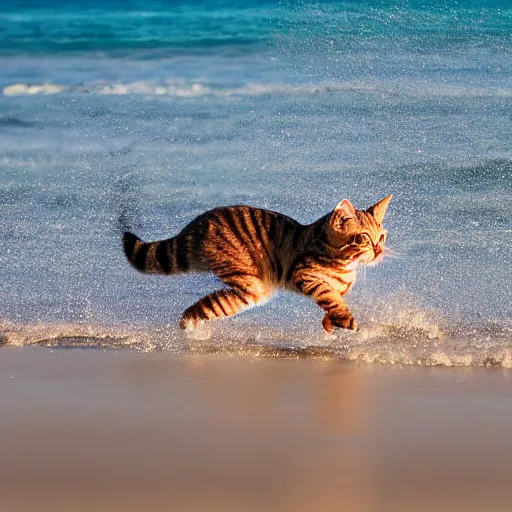 Prompt: photograph of cat running through the shallow waves at the beach, high quality, hd, flickr, sharp focus, cinematic lighting, rim lighting, enhanced colors