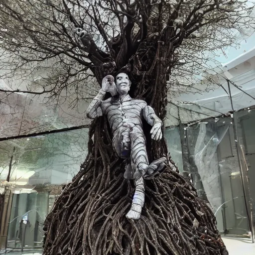 Image similar to a human man statue stuck in a cosmic tree, a sense of awe, amazement, monogon, plasma display, wooden, silver, mercury, damascus, armature wire, multiscopy, morph, in a symbolic and meaningful style, insanely detailed and intricate, hypermaximalist, elegant, ornate, hyper realistic, super detailed,