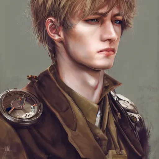 Image similar to portrait of a man by ayami kojima, polish, he is about 2 0 years old, blond hair with bangs, nervous but determined, he is wearing steampunk military fatigues, highly detailed portrait, digital painting, artstation, concept art, smooth, sharp foccus ilustration, artstation hq