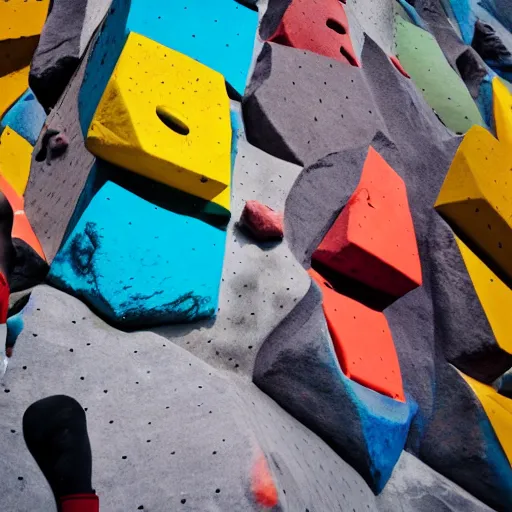 Image similar to looking up at a bouldering wall with brightly colored holds and volumes, holds and vikumes made of human faces, iso, mm, octane,