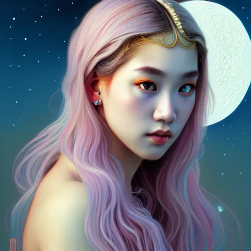 Image similar to portrait of jossi of blackpink, goddess of the moon, highly detailed, digital painting, smooth, sharp focus, illustration, ultra realistic, 8 k, art by artgerm and alphonse mucha