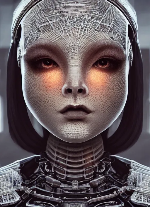 Prompt: beautiful portrait of an alien cyborg, style of Feng Zhu, Artstation geometric, aesthetic, big eyes, smooth skin, gothic make up, unique features, symmetrical, intricate crown, high fashion, streetwear, cyberpunk, detailed, octane render, cinematic, 8k, brown skin, retro sci fi film,