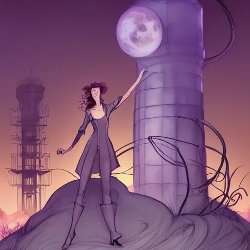 Image similar to abigail larson, don bluth, artgerm, joshua middleton, purple color pallete, welcome to night vale, radio tower with black hole above it, helicopter, spooky strange weird quirky, cartoon, 2 d, chiral lighting