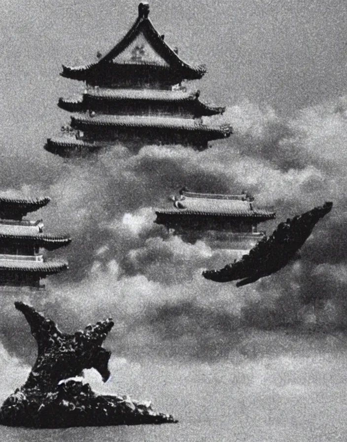 Image similar to a filmstill of a north korean monster movie, kaiju - eiga monster starfish - like trampling a traditional korean palace, foggy, film noir, video compression