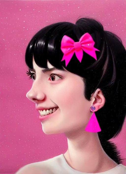 Image similar to portrait of high school girl, realistic, black hair, bangs, half updo hairstyle, pointy nose, skinny, smile, ugly, defined jawline, big chin, pink hair bow, earrings, intricate, elegant, glowing lights, highly detailed, digital painting, artstation, sharp focus, illustration, art by wlop, mars ravelo and greg rutkowski