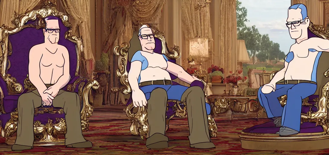 Image similar to hank hill sitting on a throne of propane, beautiful, ornate, 8 k, movie still