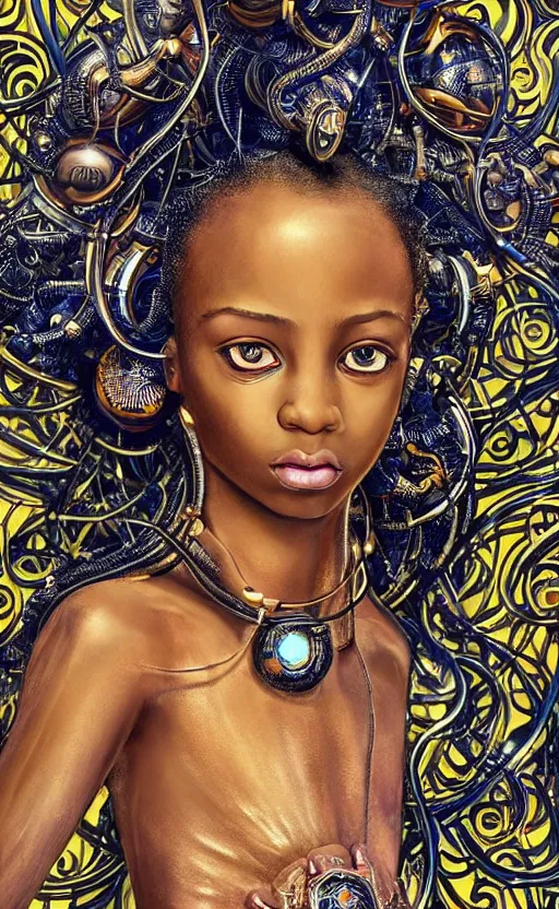 Prompt: beautiful mural of the young cyborg african girl, piercing glowing eyes, elegant, futuristic royal gown, detailed ornaments, striking composition, highly detailed ornate sci fi background, vogue poses, striking composition, highly detailed ornate sci fi background, vivid details, amalgamation of nature and technology, wires, glowing tubes, beautiful composition, mural in the style of sandro botticelli, caravaggio, albrecth durer, 8k