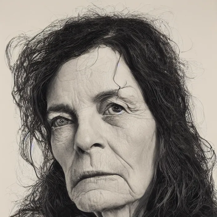 Prompt: a portrait of mira furlan, wise, secretive, unnerving, by chuck close, by elizabeth payton