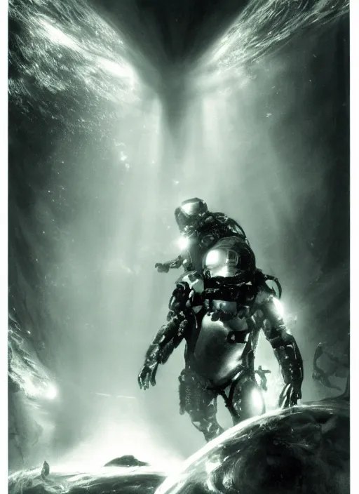 Image similar to astronauts in dark and empty void underwater - complex and hyperdetailed suit. reflection and dispersion materials. rays and dispersion of light. volumetric light. 5 0 mm, f / 3 2. noise film photo. flash photography. ultra realistic, wide angle. poster by wayne barlowe, hajime sorayama aaron horkey, craig mullins. polaroid.