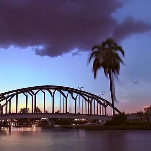 Image similar to blue hour, mostly cloudy sky, palm trees, bridge, curved bridge, dusk, 2 4 0 p footage, 2 0 0 6 youtube video, 2 0 0 6 photograph, home video