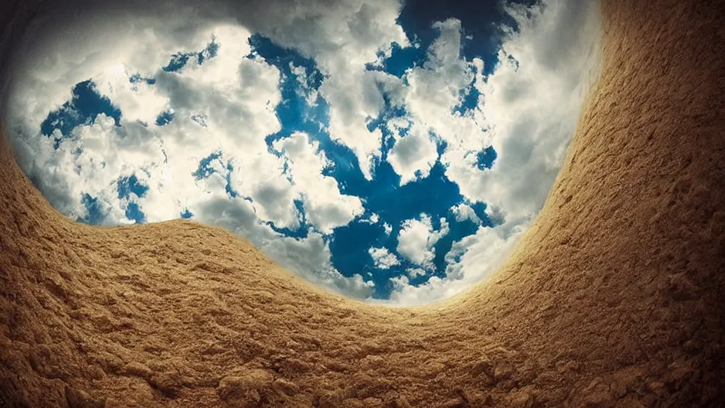 Image similar to looking up at the clouds from a deep hole in the ground, surrealism photography by Sarolta Bán