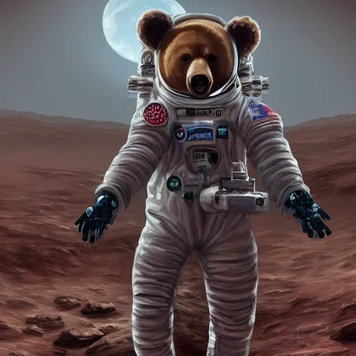 Prompt: a bear in a astronaut suit on Mars surrounded by dead robots, with the sky full of stars, digital art, trending on artstation, HDR