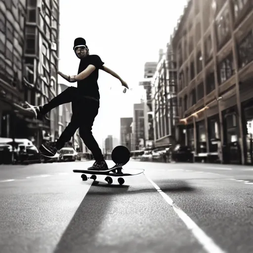 Prompt: photo cat rides on skateboard in big city