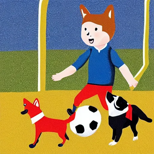 Image similar to illustration of french boy in paris playing football against a corgi, the corgi is wearing a polka dot scarf