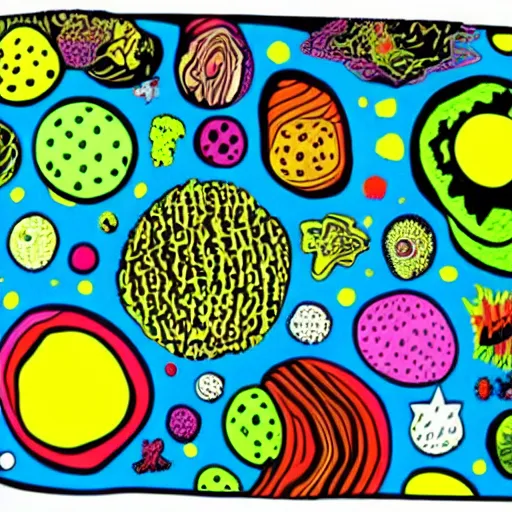 Image similar to psychedelic trippy couch in forest with vegetable planets, milky way, sofa, cartoon by andy warhol