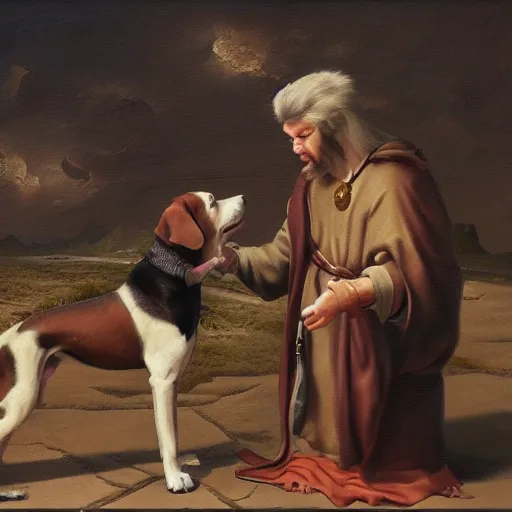 Image similar to the god of dogs from the heaven talking to his dog nation, illustration, 8 k, oil painting,