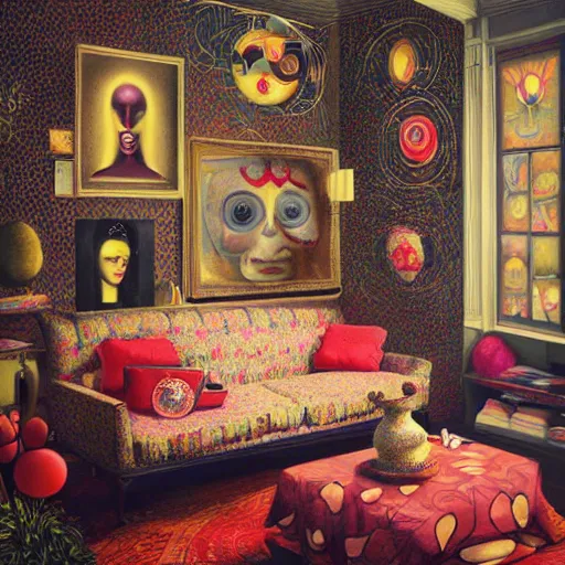 Image similar to A living room with interior design by Tom Bagshaw and Yayoi Kusama