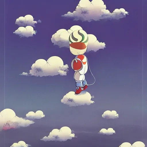 Image similar to a man walking on clouds above kyoto by takashi murakami, beeple and james jean, aya takano color style, 4 k, super detailed