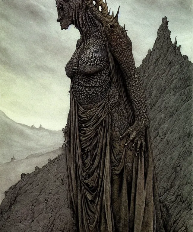 Image similar to A detailed horned crocodilewoman stands among the hills. Wearing a ripped mantle, robe. Perfect faces, extremely high details, realistic, fantasy art, solo, masterpiece, art by Zdzisław Beksiński, Arthur Rackham, Dariusz Zawadzki