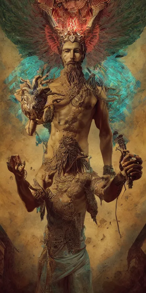 Image similar to Portrait of enki sumerian god, holding a strobilus in his left hand and wings. illustration, by James Jean, artgerm, octane render, by John Coltrane and Marc Simonetti, Manic, inspired by Greg rutkowski, colorful, high detail of the face, full body