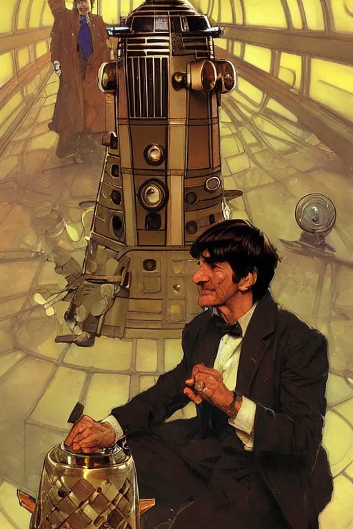 Image similar to Second Doctor, Dalek, TARDIS, by Stanley Artgerm Lau, greg rutkowski, thomas kindkade, alphonse mucha, loish, norman Rockwell