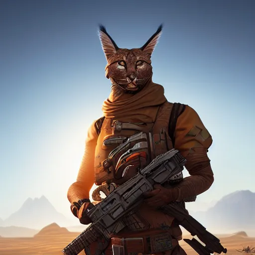 Prompt: a highly detailed caracal bounty hunter, in the desert, artstation, DeviantArt, professional, octane render, sunset lighting