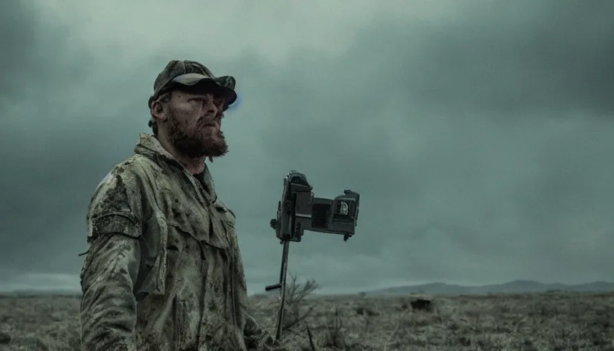 Image similar to movie screenshot. lone survivor man holding walkie - talkie in post - apocalyptic nature landscape, movie poster, shallow depth of field, cinematic. cinematic composition