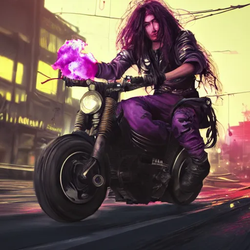 Image similar to portrait painting of a street samurai with long purple hair riding a motorcycle through a burning cyberpunk slum, glitchwave, ultra realistic, concept art, intricate details, eerie, highly detailed, photorealistic, octane render, 8 k, unreal engine. art by nivanh chanthara