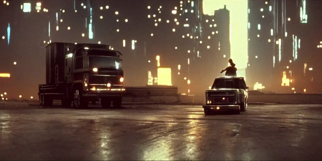 Image similar to at night, a white teenage girl with a pixie haircut in an oversized man's jacket hangs onto back door of a giant truck as it drives towards the factory district : a still from a sci - fi dystopian cyberpunk film by steven spielberg from 1 9 8 0 s, shot on 3 5 mm film by janusz kaminski