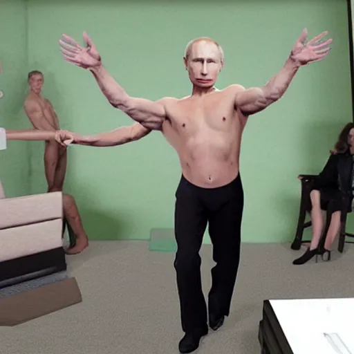 Prompt: putin wearing a thong, full body shot, hes on a green screen, hyper realistic, very detailed.