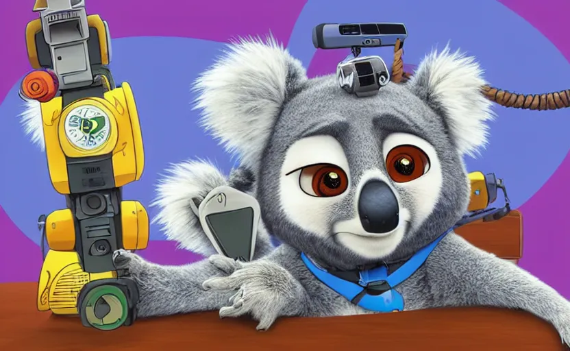 Prompt: “ cute koala with very big eyes, wearing a bandana and chain, holding a laser gun, standing on a desk, digital art, award winning, in the style of the movie zootopia ”